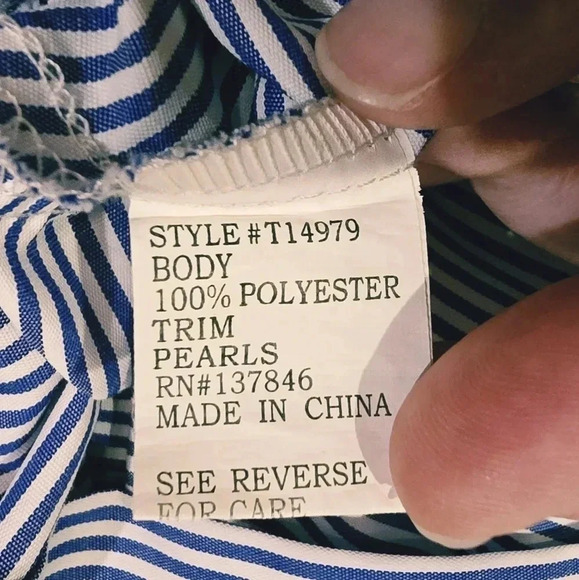 Kontrol L Size Medium Blue/White Striped Blouse Pearl Accents - Picture 7 of 8